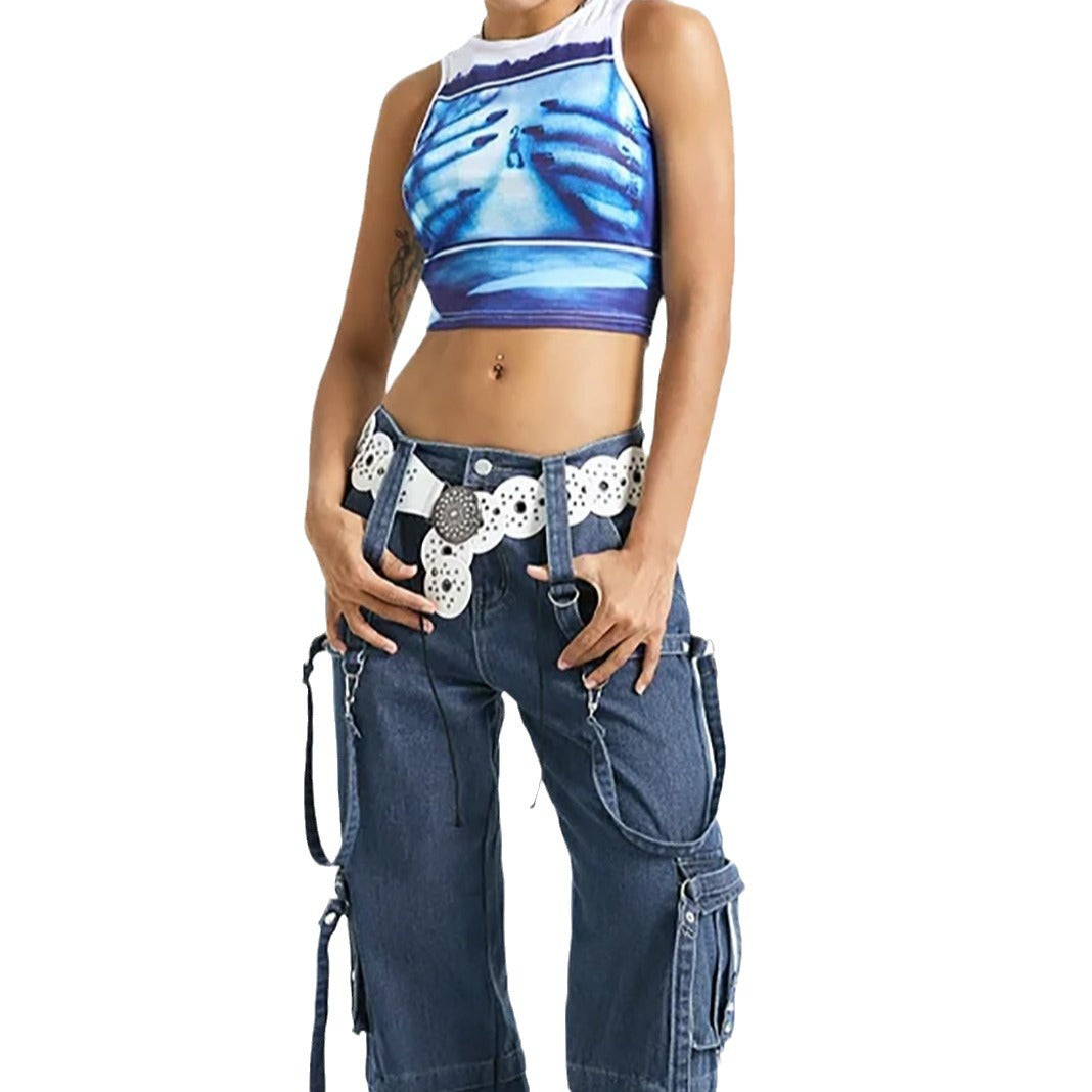Damen Crop-Top mit kreativem Fotodruck und figurschmeichelndem Schnitt Drune