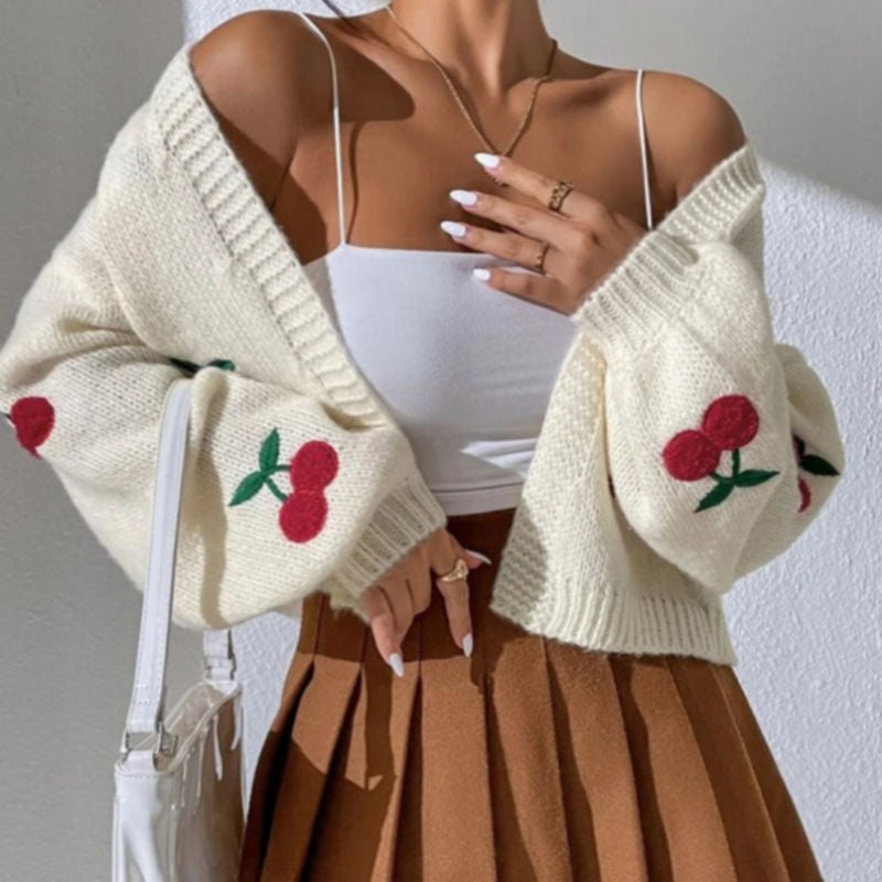 Damen Strickjacke mit floralem Kirschmotiv Drune