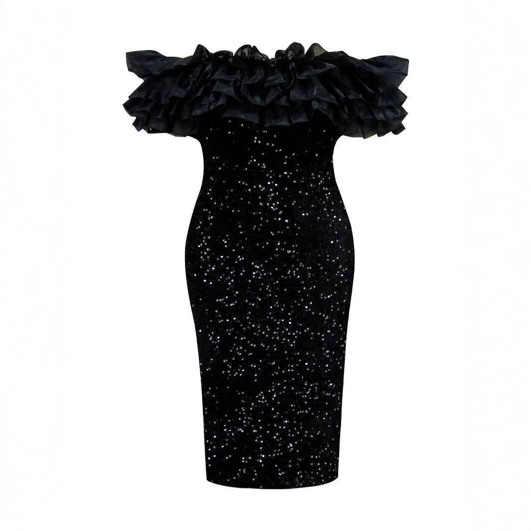 Damen Elegantes Abendkleid mit voluminösen Rüschen und funkelnden Pailletten Drune