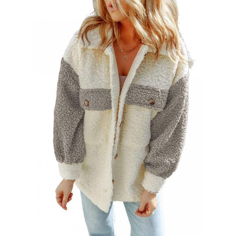 Drune | Damen Teddy Jacke mit Kontrastärmel