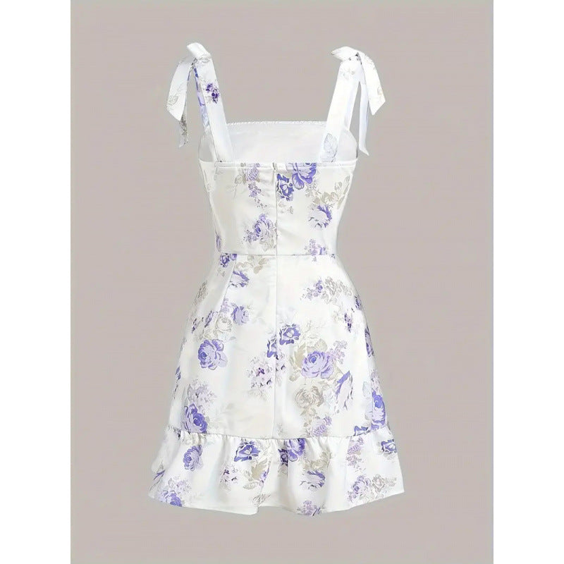 Damen Spaghettiträger Mini-Kleid mit floralem Design und Rüschensaum Drune