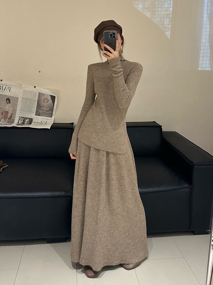 Damen elegantes Strickkleid mit schmalem Rollkragen und langem Schnitt Drune