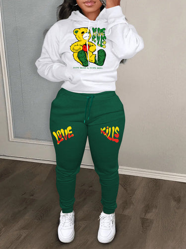 Damen Hoodie und Jogginghose Set mit kreativem Bärenmotiv und auffälligem Schriftzug Drune