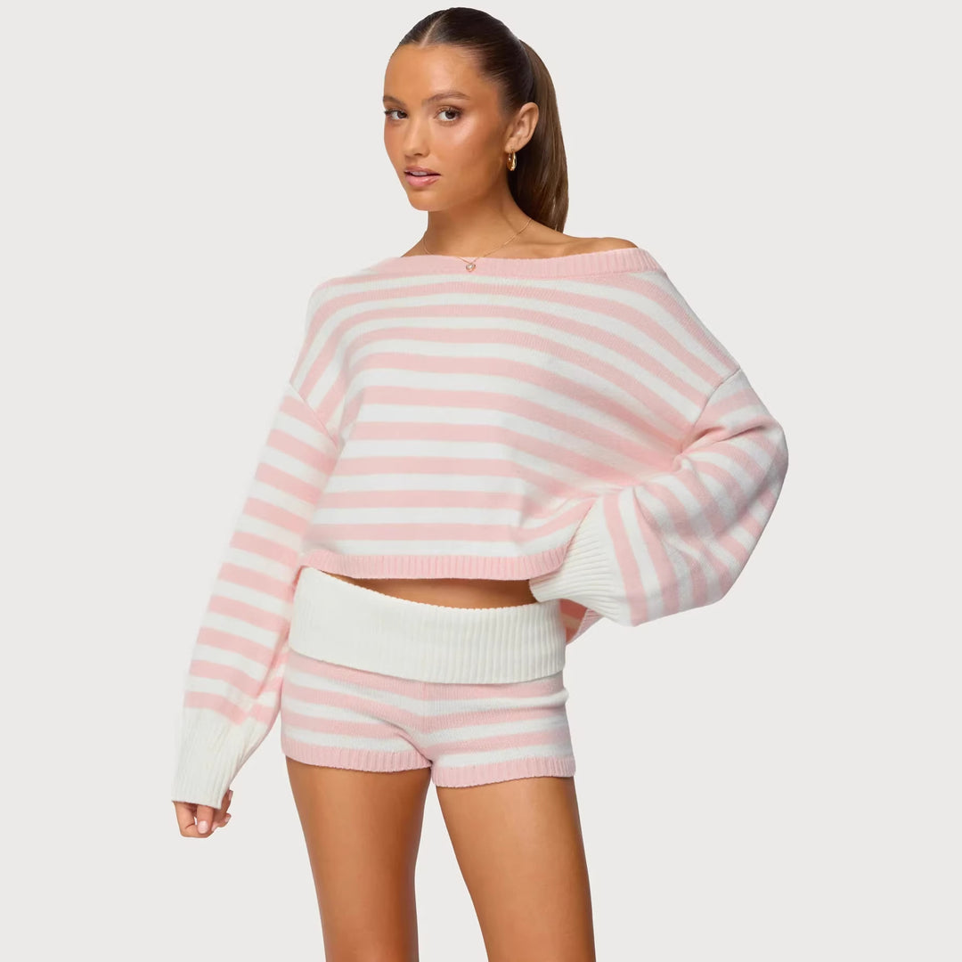 Damen nan kurz geschnittener Off-Shoulder Cropped Strickpullover mit weitem Fledermausärmel Drune