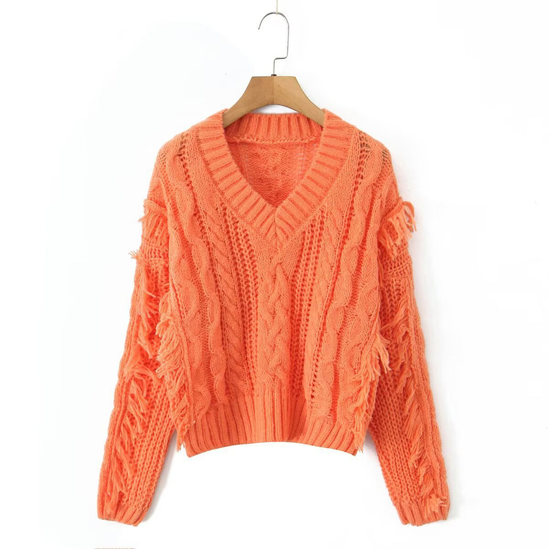 Damen Grobstrickpullover mit tiefem V-Ausschnitt und Fransen Drune