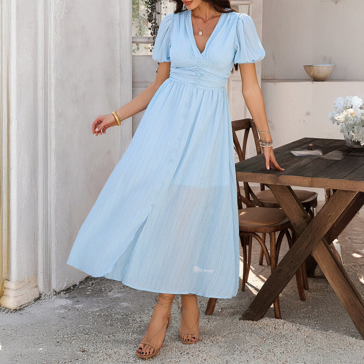 Damen Maxikleid mit V-Ausschnitt und luftigen Puffärmeln Drune