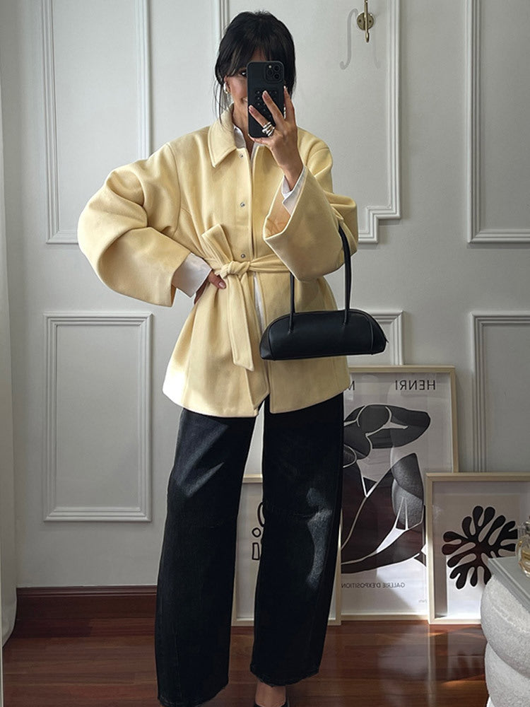 Damen Oversized-Lederjacke mit breitem Revers und Taillengürtel Drune