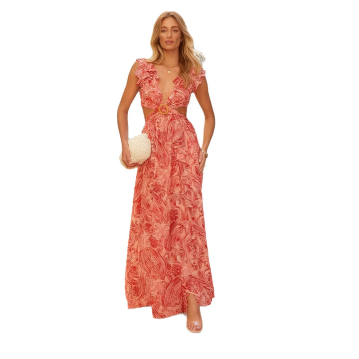 Damen Maxikleid mit voluminösen Rüschendetails und tiefem V-Ausschnitt Drune