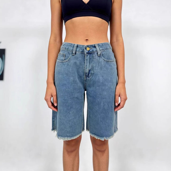 Damen lässige Denim-Shorts mit ausgefransten Säumen und hoher Taille Drune