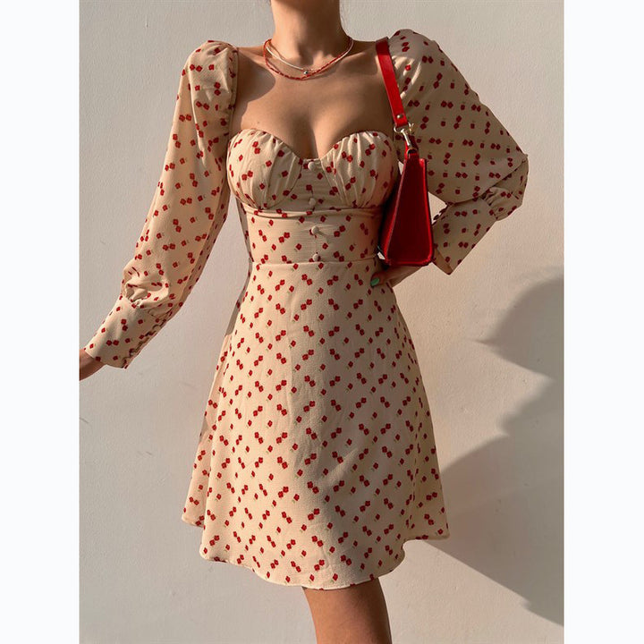 Damen Puffärmel Kleid mit romantischem Blumenmuster und herzförmigem Ausschnitt Drune