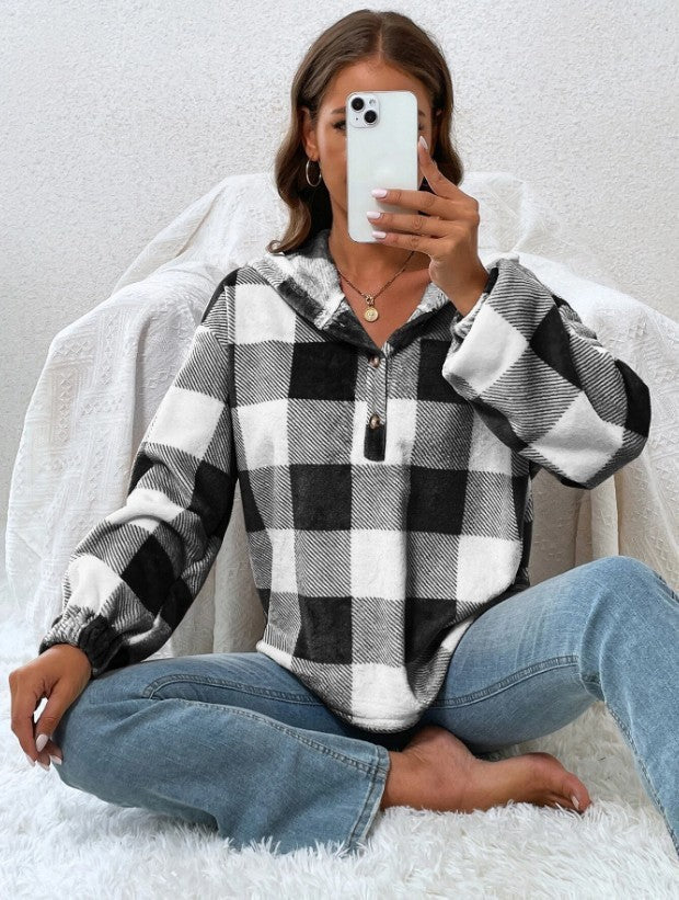 Damen Oversized Karo-Hoodie mit Knopfleiste und breiten Ärmeln Drune