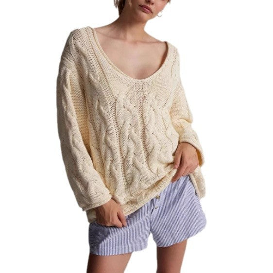 Damen Strickpullover mit innovativem Zopfmuster und weitem Ausschnitt Drune