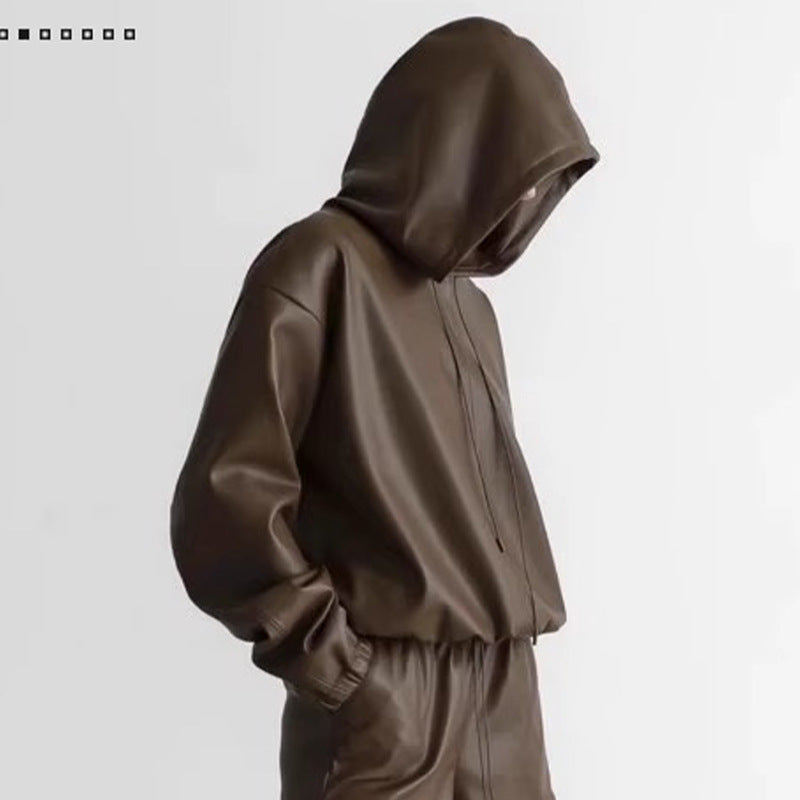Damen lässige Kunstlederjacke mit Kapuze Drune