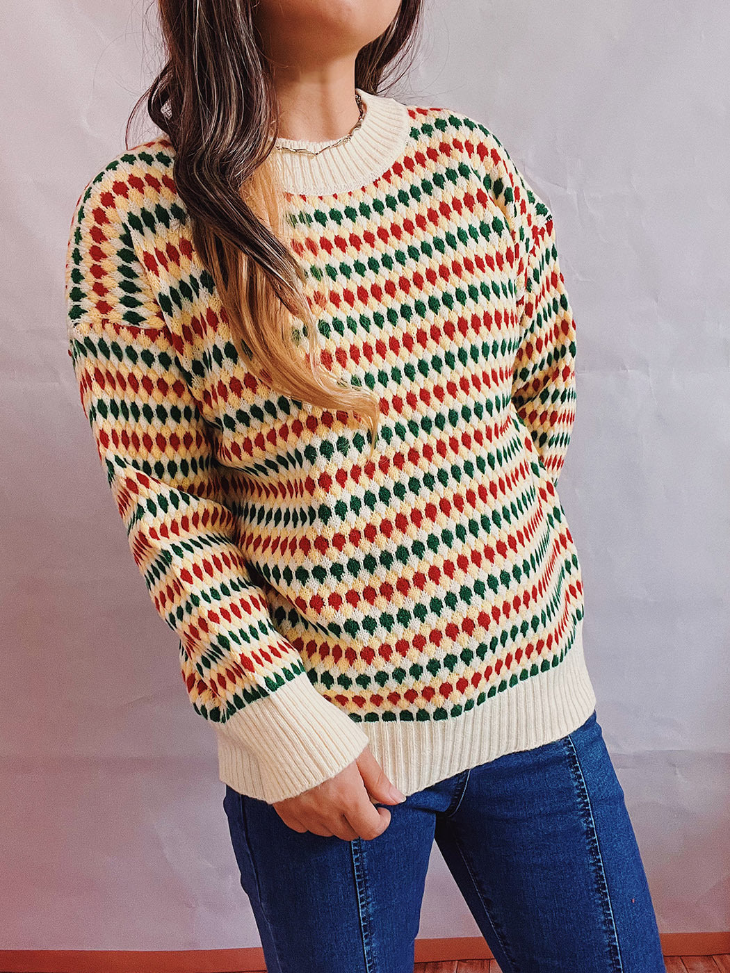 Damen lässiger Strickpullover mit buntem Rautenmuster und Rundhalsausschnitt Drune