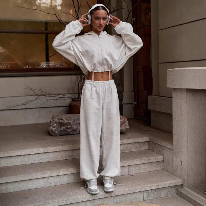 Damen Bequemer und stilvoller Freizeit-Loungewear-Jogginganzug mit Kapuze Drune