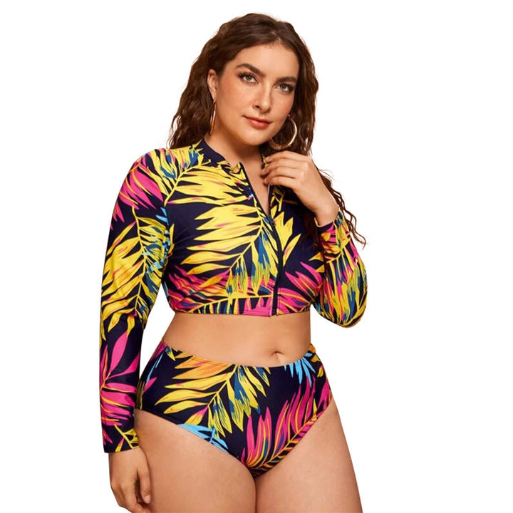 Damen Surf-Bikini-Set mit langärmligem Oberteil und buntem Palmendruck Drune