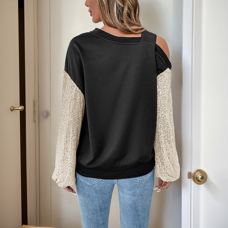 Damen Off-Shoulder Pullover mit glamourösen Paillettenärmel Drune