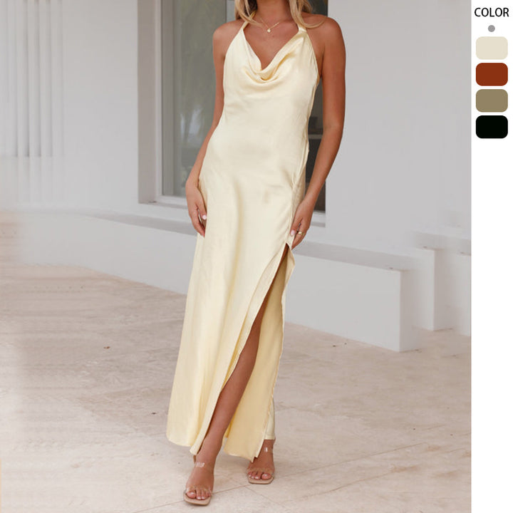 Damen Elegantes Langkleid mit schickem Wasserfall-Ausschnitt und hohem Schlitz Drune