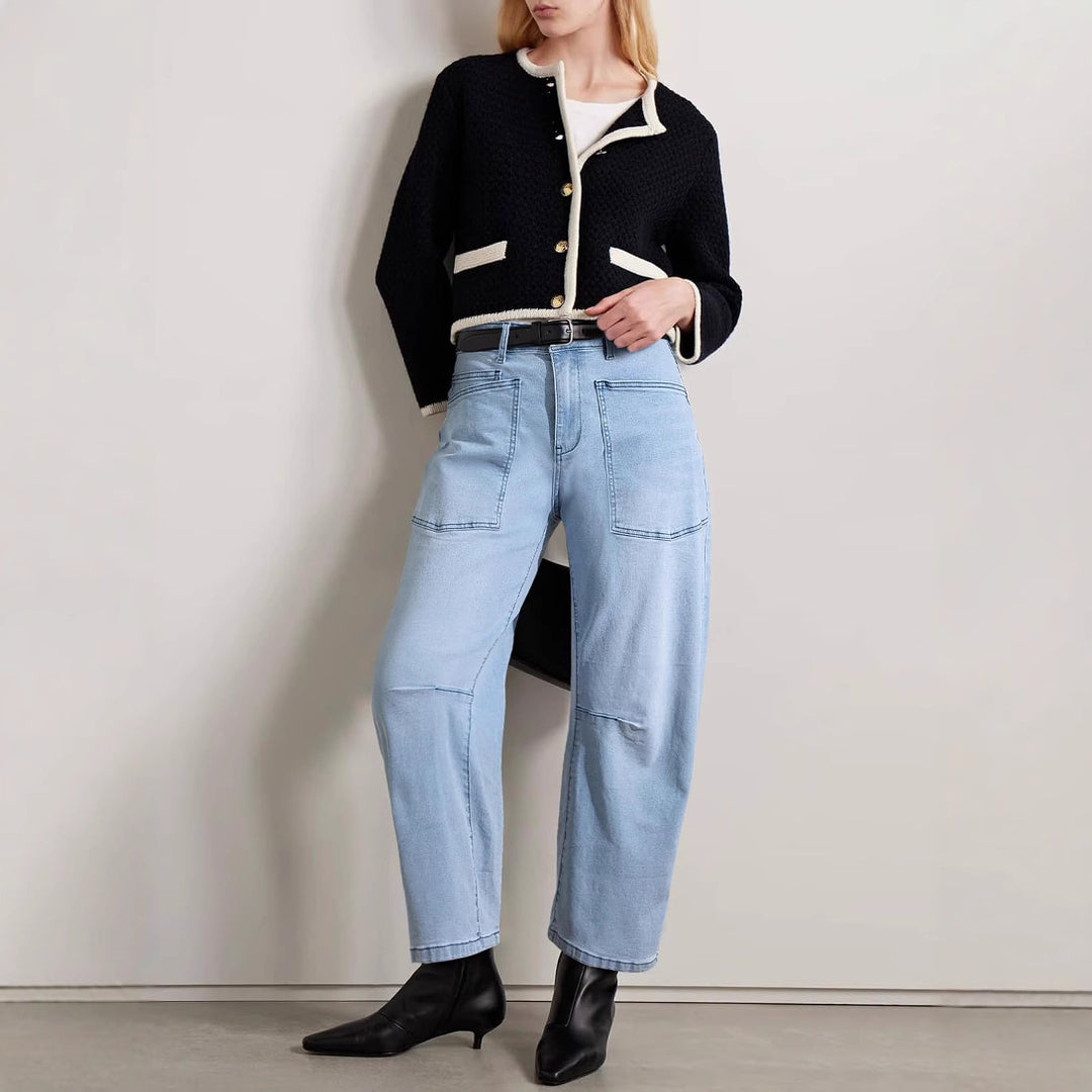Damen nan lässige Canvas-Hose mit hohem Bund, weitem Bein und aufgesetzten Taschen Drune