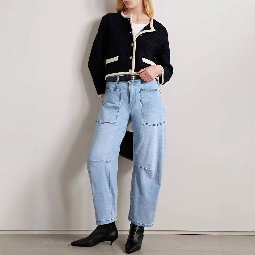 Damen halbhohe Denim-Hose mit einzigartigen aufgesetzten Taschen Drune