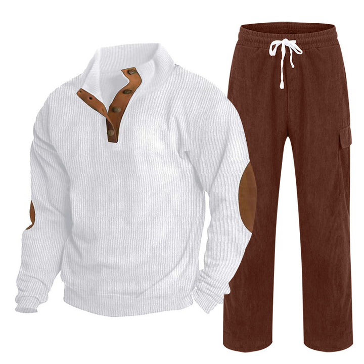 Herren nan Strick-Freizeitset mit Knopfleiste und Ellenbogenaufnähern sowie Cord-Cargohose Drune