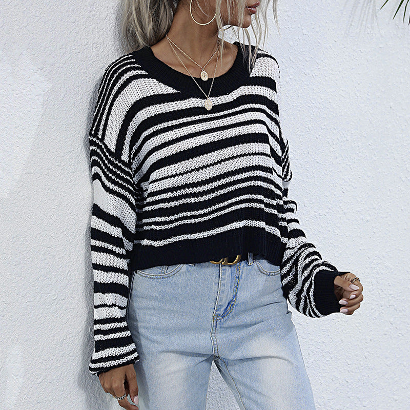 Damen lässiger Strickpullover mit weitem Schnitt und modischem Streifenmuster Drune