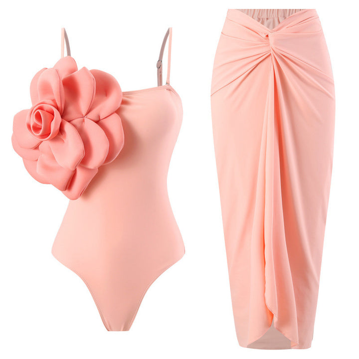 Damen Einteiler Badeanzug mit modischem Blumendesign und passendem Wickelrock Drune