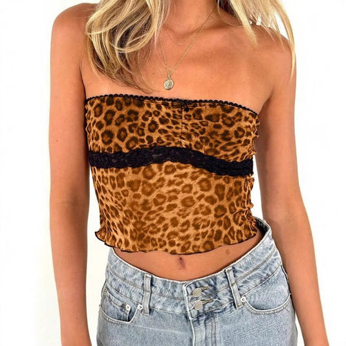 Damen Bandeau-Top mit trendigem Leopardenmuster und zarter Spitzenkante Drune