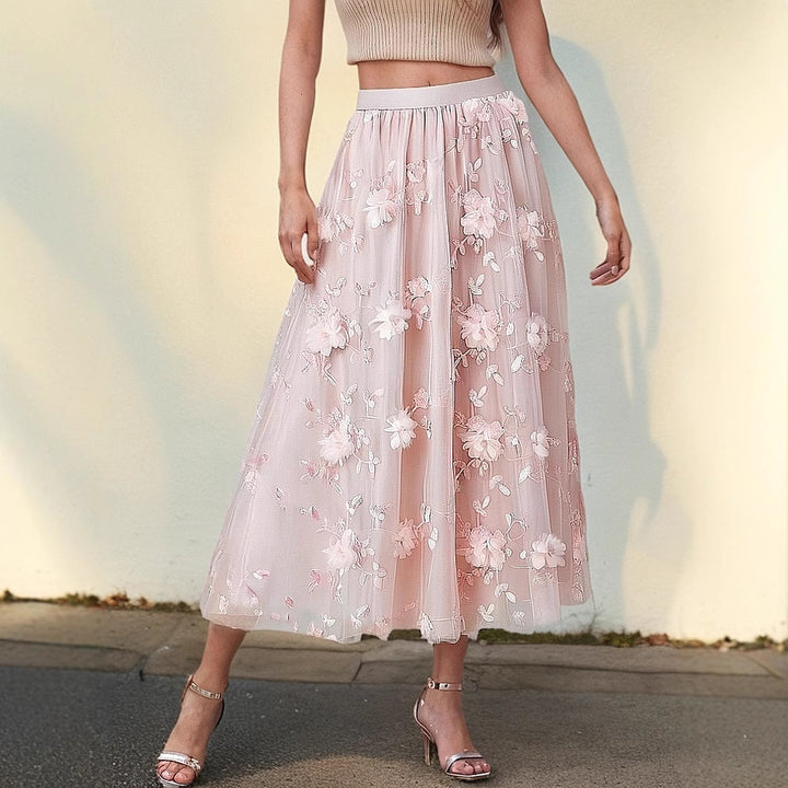Damen Eleganter Tüllrock mit floralen Stickereien und elastischem Bund Drune