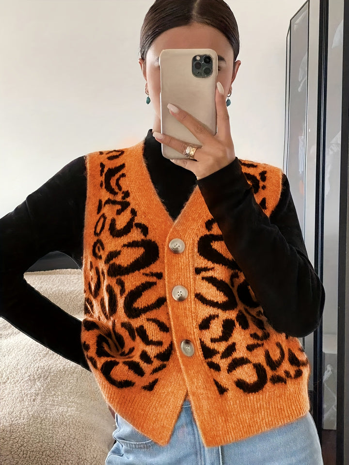 Damen Strickweste mit elegantem Leoprint und hochwertigen Knöpfen Drune