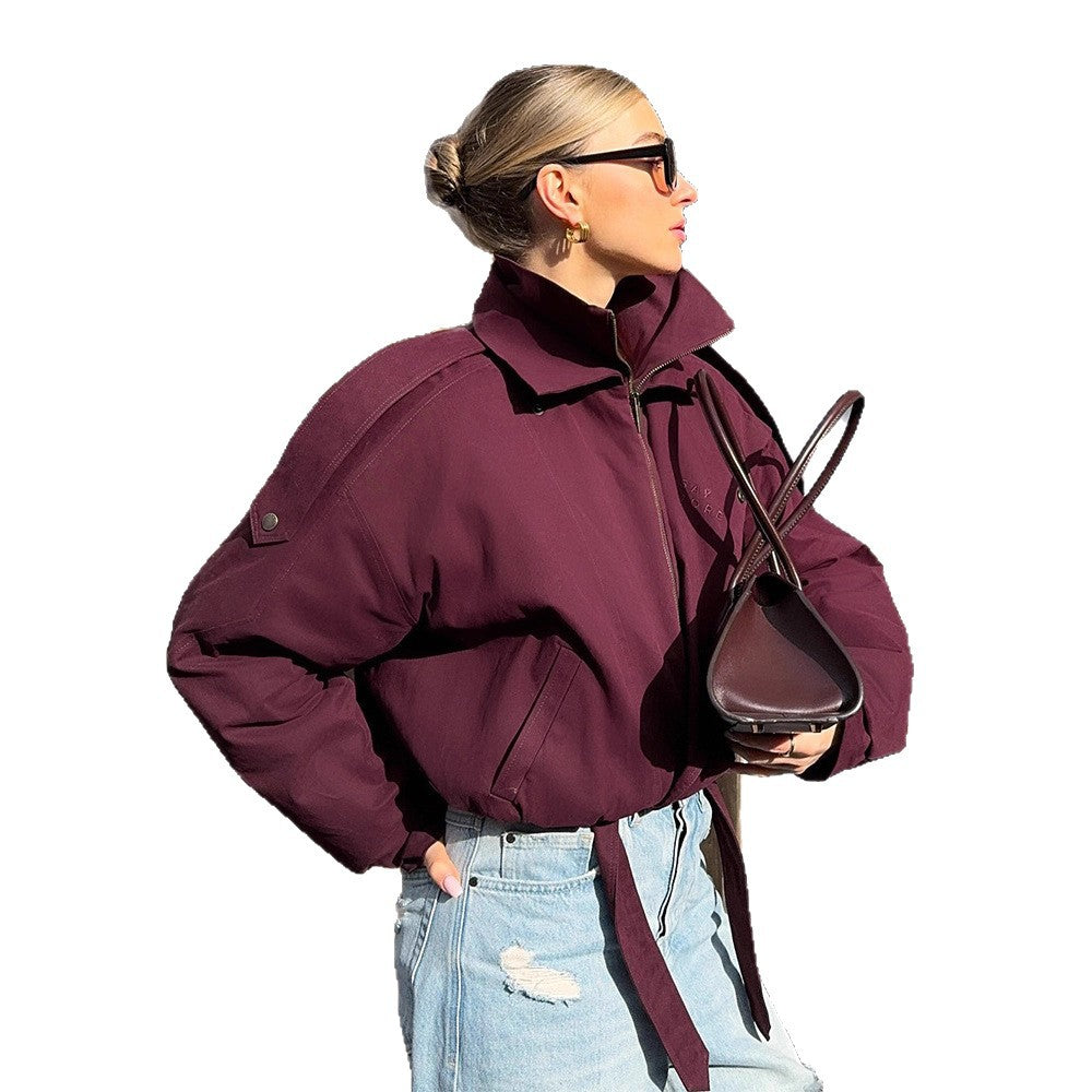 Damen oversized Übergangsjacke mit hohem Kragen und Bindegürtel Drune
