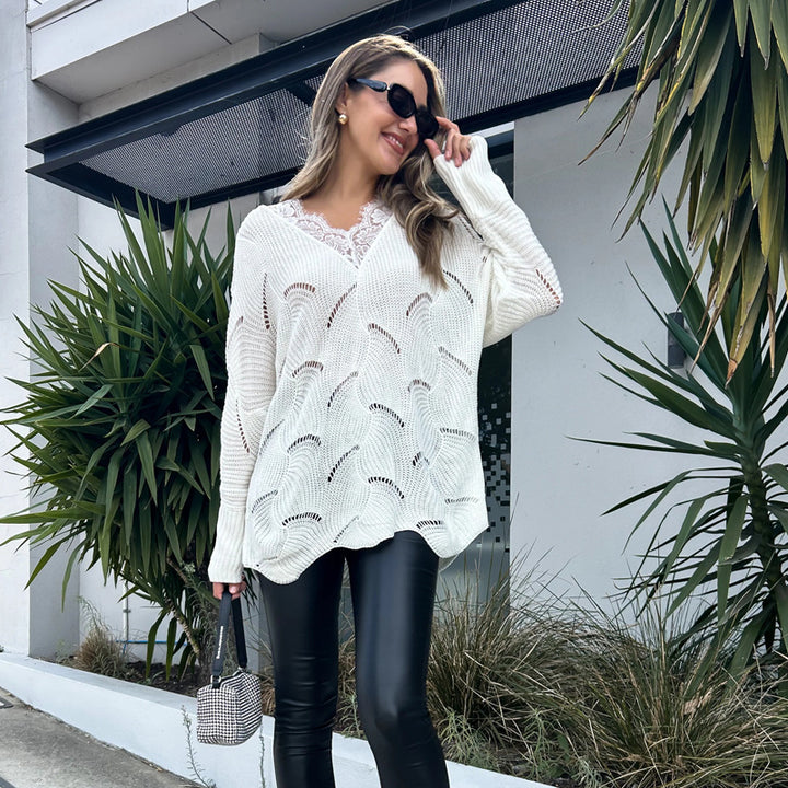 Damen lässiger Strickpullover mit filigraner Lochmusterung und V-Ausschnitt Drune
