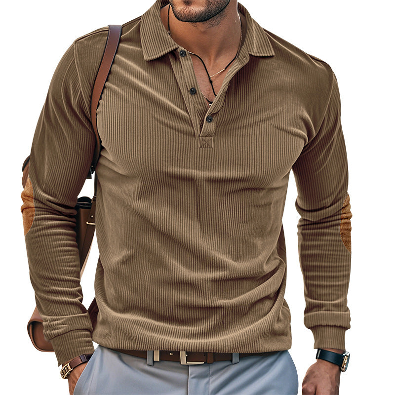 Herren lässiges Langarm-Henley-Shirt mit strukturiertem Rippenstoff und kontrastierenden Ellbogenpatches Drune