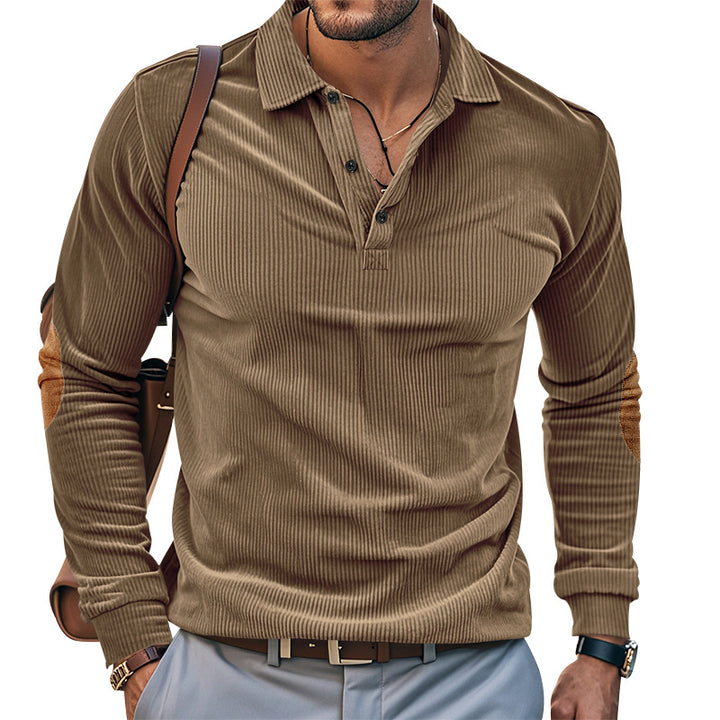 Herren lässiges Langarm-Henley-Shirt mit strukturiertem Rippenstoff und kontrastierenden Ellbogenpatches Drune
