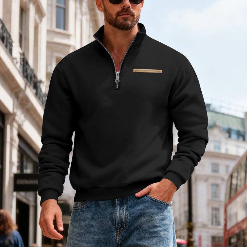 Herren nan Sweatshirt mit halbem Reißverschluss, Stehkragen und Brust-Welttasche Drune