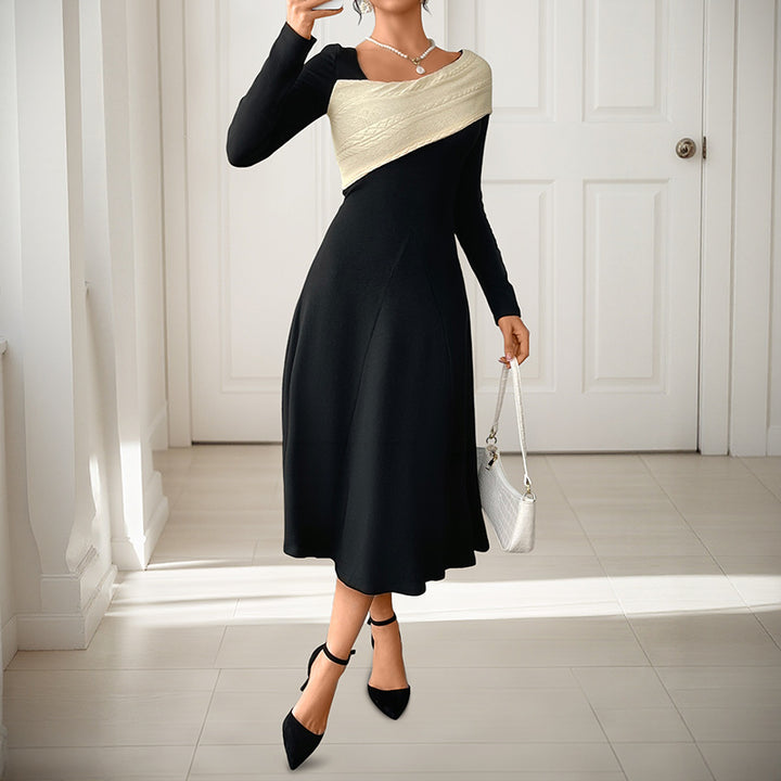 Damen Elegantes Midikleid mit asymmetrischem Kragen und Oberteil in Strickoptik Drune