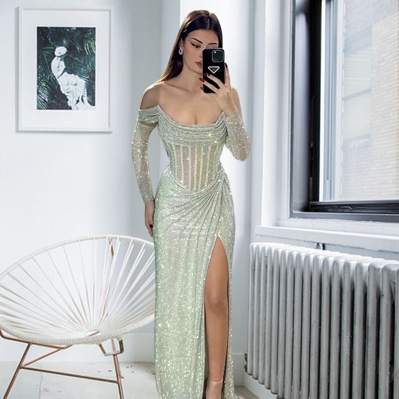 Damen Elegantes Abendkleid mit schimmerndem Schmuckdetail und drapiertem Rock Drune