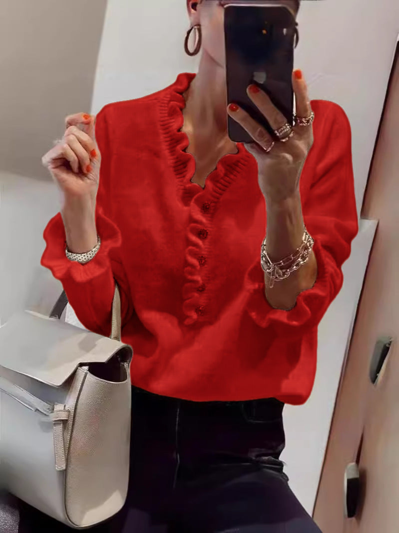 Damen Bluse mit fließendem Rüschendesign und Knopfleiste Drune