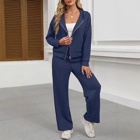 Damen nan zweiteiliges Lounge-Set mit Kapuzenjacke Reißverschluss und weiter Hose mit hohem Bund aus Sweatstoff Drune