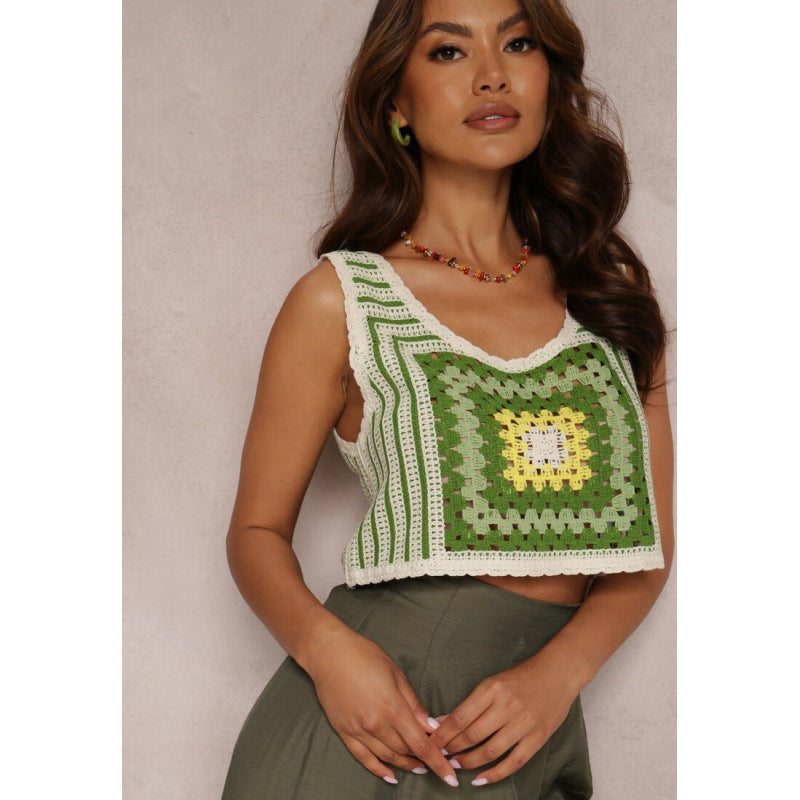 Damen Cropped Top mit kreativem Häkelmuster und V-Ausschnitt Drune