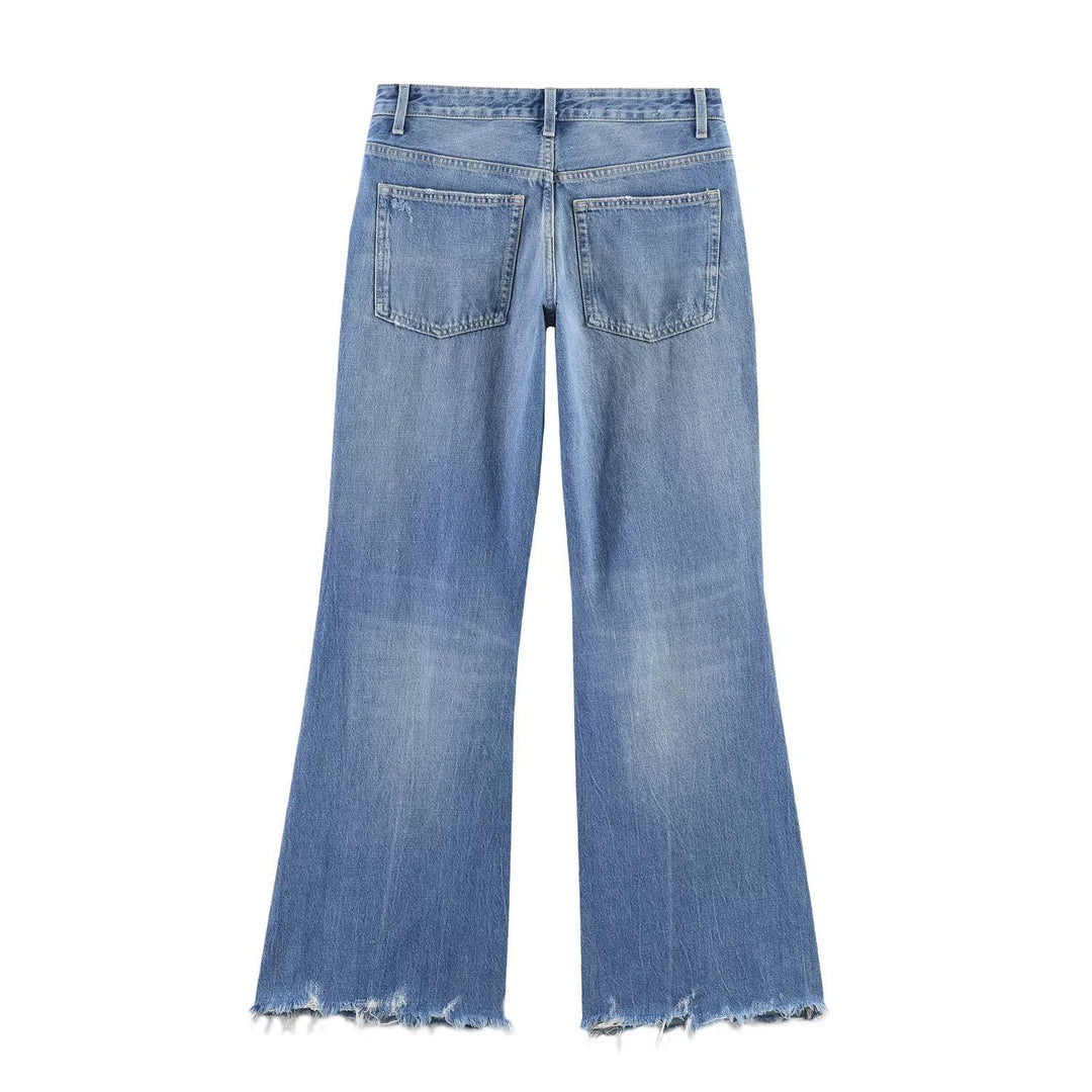 Damen Flared Jeans mit Destroyed-Effekten und Fransenabschlüssen Drune