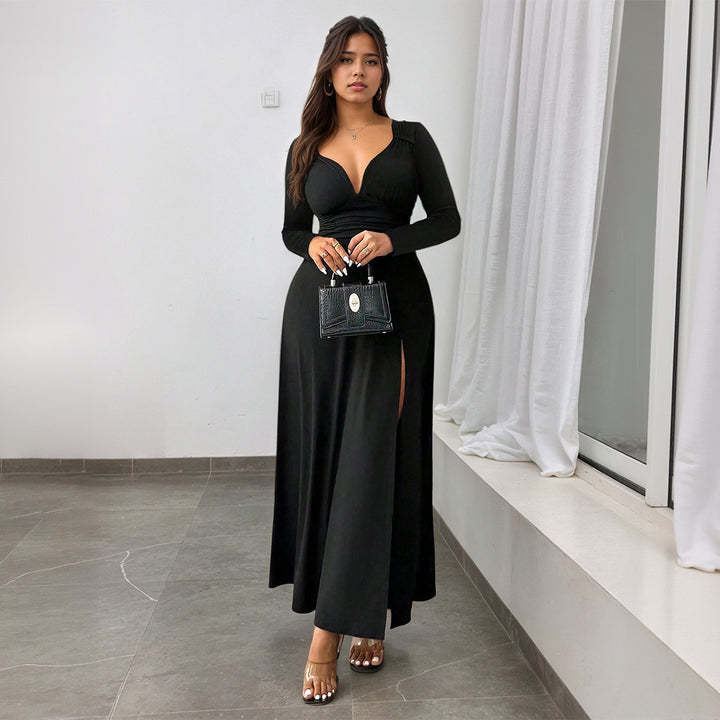 Damen Maxikleid mit elegantem V-Ausschnitt und hohem Beinschlitz Drune