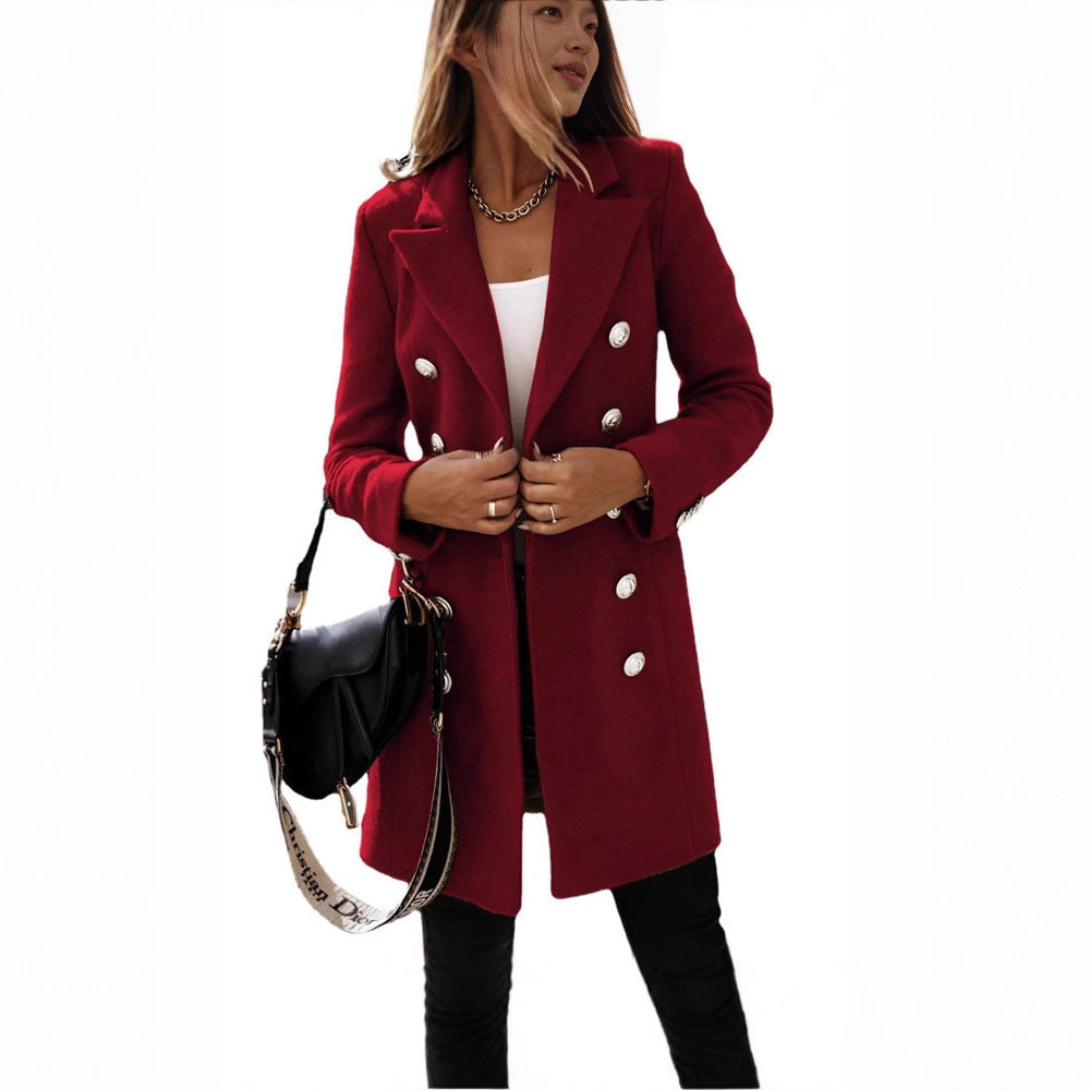 Damen eleganter Wollmantel mit doppelter Knopfleiste und breitem Revers Drune