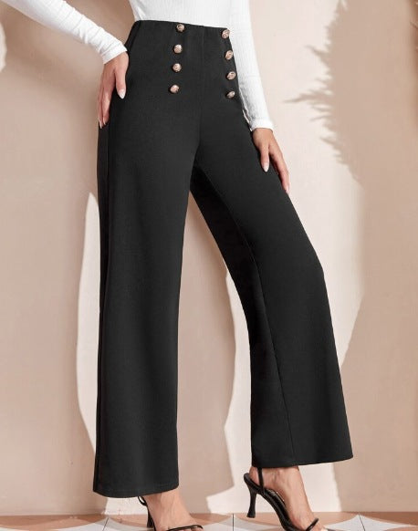 Damen Hochwaisted Weite Hose mit dekorativen Knöpfen Drune