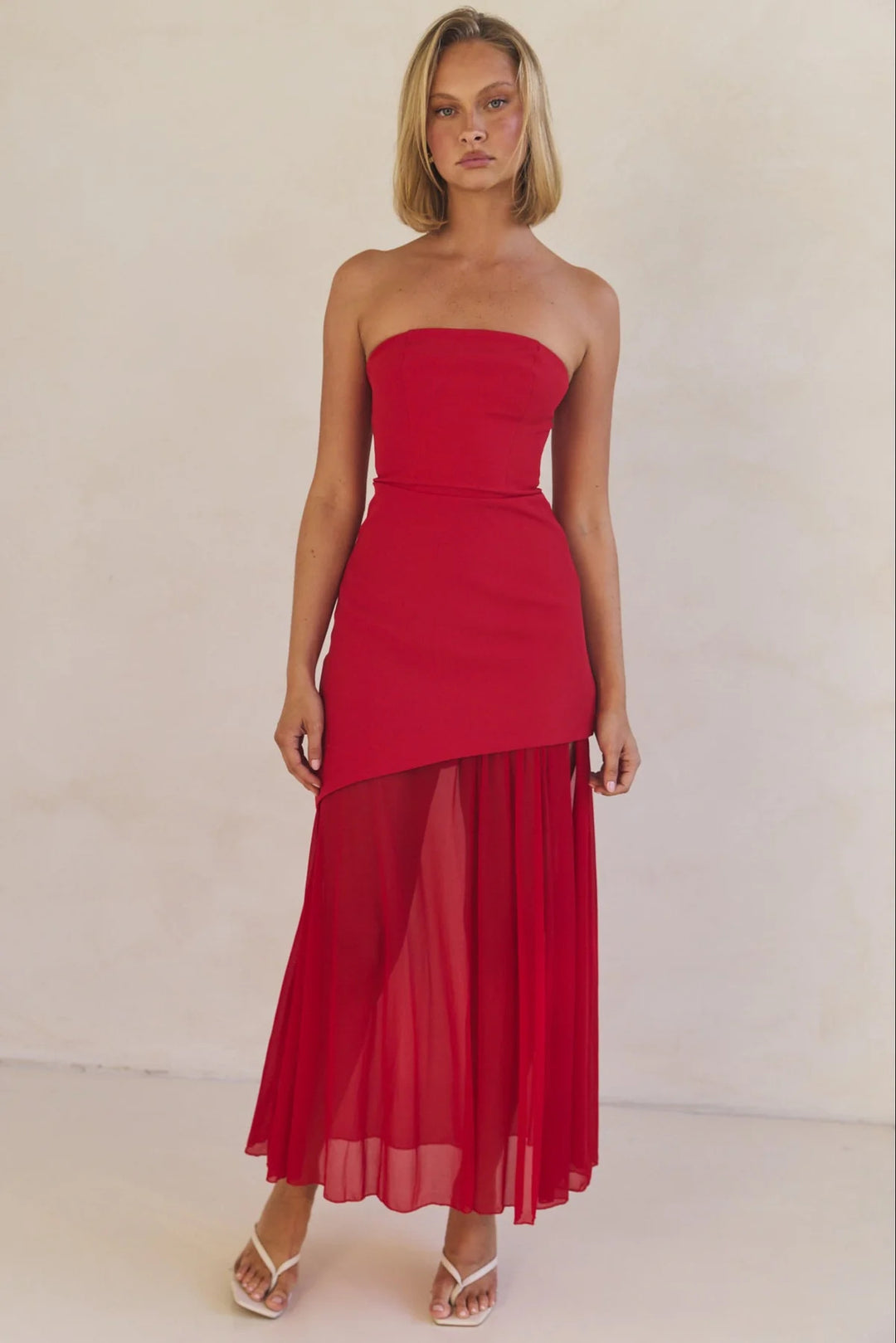 Damen Elegantes Bandeau-Maxi-Kleid mit fließendem Chiffon-Rock und figurbetontem Oberteil Drune