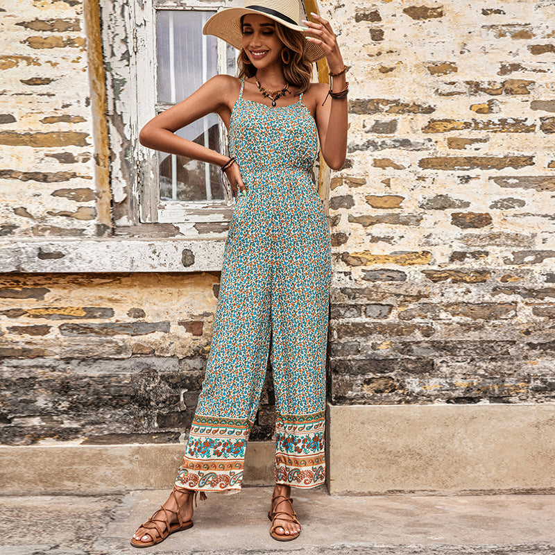 Damen floraler Jumpsuit mit breiter Beinform und verstellbaren Trägern Drune