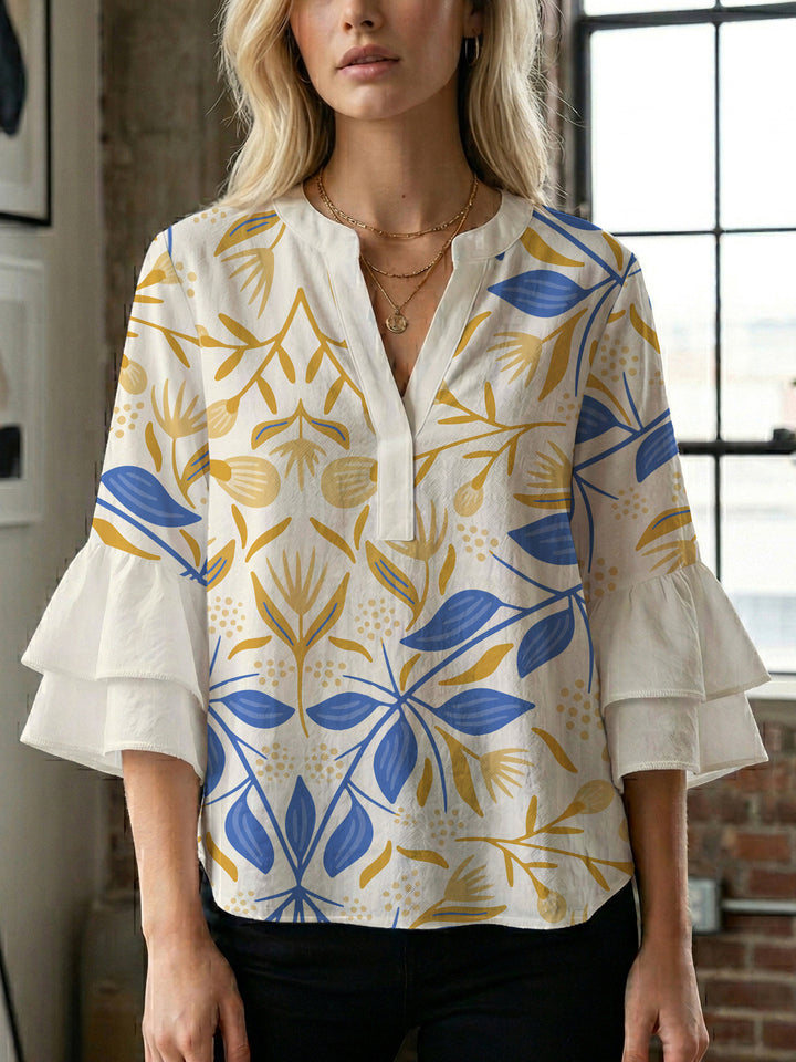 Damen Bluse mit voluminösen Rüschenärmeln und floralem Druck Drune