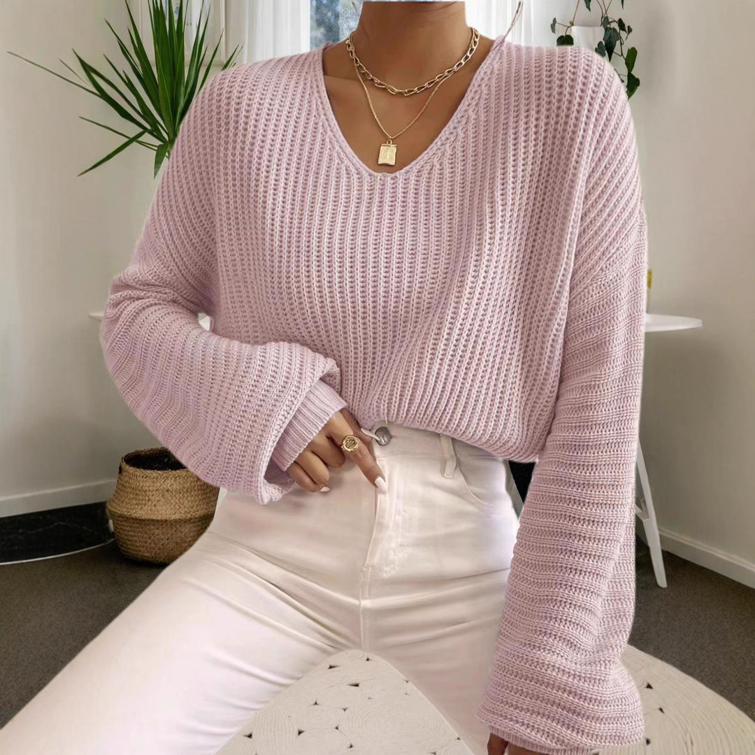 Damen Grobstrickpullover mit tiefem V-Ausschnitt und lässigen Ärmeln Drune