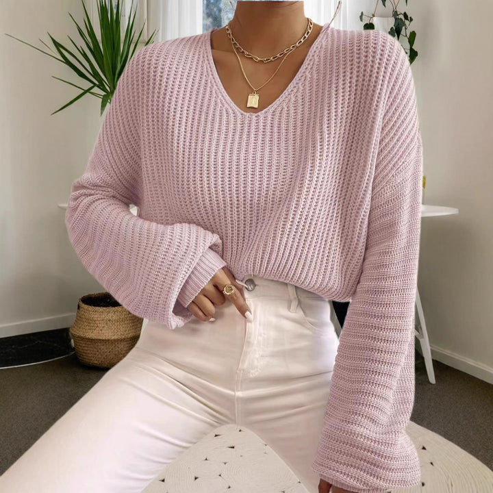 Damen Grobstrickpullover mit tiefem V-Ausschnitt und lässigen Ärmeln Drune