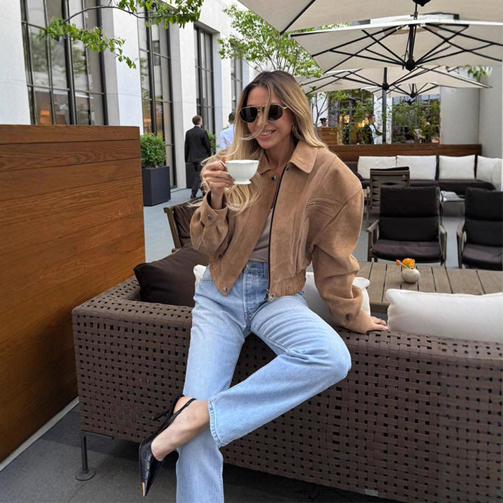 Damen Modische Wildlederjacke im cropped Stil mit praktischen Taschen Drune